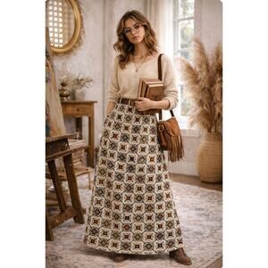 Vintage 1970s Handmade Needlepoint Tapestry Maxi Skirt XS Carpet Weight Folk Art